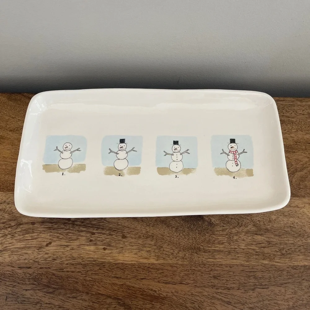 Magenta Serving Platter White Snowman Illustration Rectangular Tray